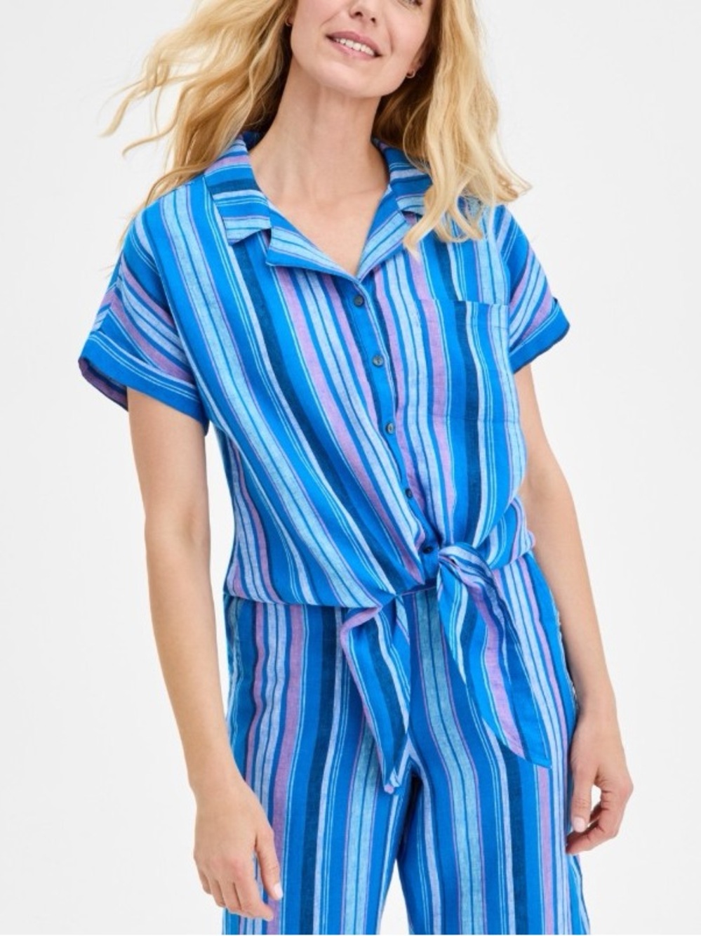 Charter Club Women’s Striped 100% Linen Tie-Front Top XL